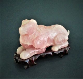 Fine Chinese Rose Quartz Carving of a Ram on Wood Stand 2