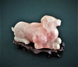 Fine Chinese Rose Quartz Carving of a Ram on Wood Stand 3