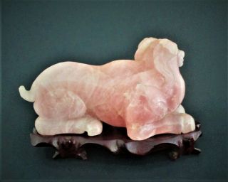 Fine Chinese Rose Quartz Carving of a Ram on Wood Stand 4