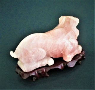 Fine Chinese Rose Quartz Carving of a Ram on Wood Stand 5