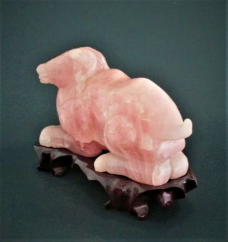 Fine Chinese Rose Quartz Carving of a Ram on Wood Stand 6