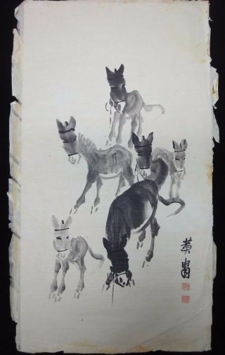 Very Large Fine Old Chinese Paper Hand Painting Donkey " Huangzhou " Marks