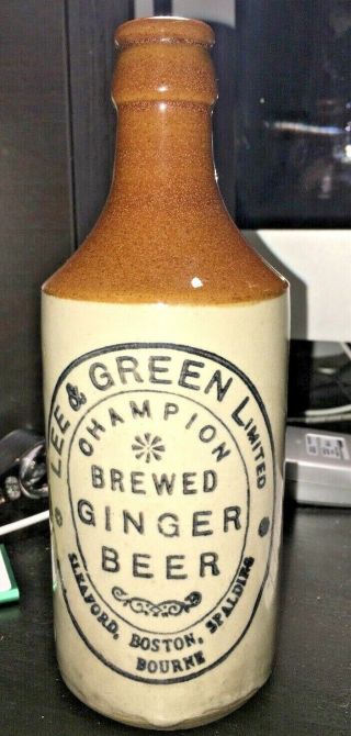 Antq Lee & Green Champion Brewed Ginger Beer 7 " Stoneware 3 Color Glazed Bottle