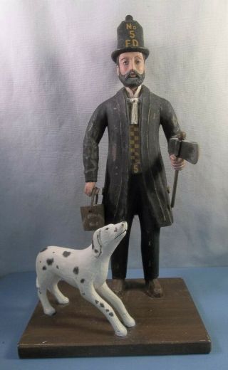 Wooden Folk Art Old Time Fireman With Dalmatian Dog
