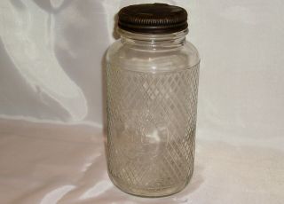 Old Judge Embossed Glass Coffee Jar - Owl & Diamond Pattern W/ Rim Tap Jar Cap