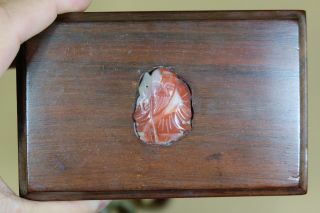 Chinese South Red Agate Inlaid Wood Jewelry Box With 2 Stone Archer ' s Rings. 5