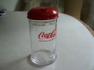 Vintage 1992 Coca - Cola Glass Sugar Shaker Jar Red Metal Lid Restaurant Style