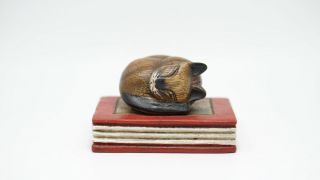Miniature Cat Sleep Wood Red Book Carving Decor Home Brown Paperweight Small Art