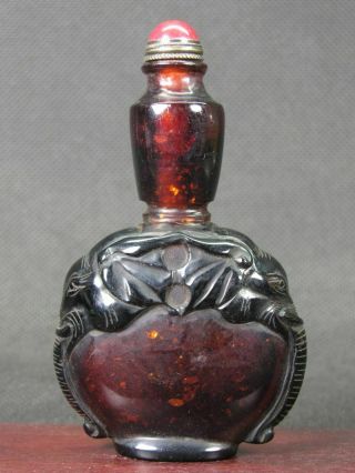 Chinese Elephant Carved Peking Overlay Glass Snuff Bottle