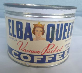 Vintage Elba Queen Coffee 1 Lb Keywind Tin Can Wisconsin Paper Label Right Lid