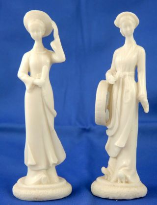 Set 2 Alabaster Lady Figurines.  Chinese Antique Hand Carved White Stone Hats 7 "