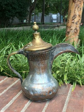Antique Brass Copper Dallah Coffee Pot Punch Work Engraved Oman 1900 2