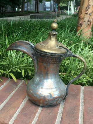 Antique Brass Copper Dallah Coffee Pot Punch Work Engraved Oman 1900 5