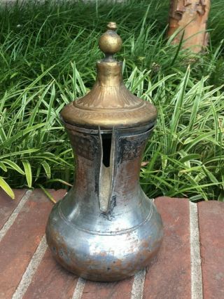 Antique Brass Copper Dallah Coffee Pot Punch Work Engraved Oman 1900 6