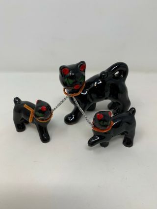 Vintage Wales Ceramic Black Cat Kittens Ceramic Chained Figurines Made In Japan