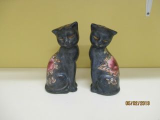 Vintage 019 Blue Ceramic Cat Figurines Set Of 2 Made In Macau 7 " Pink Floral