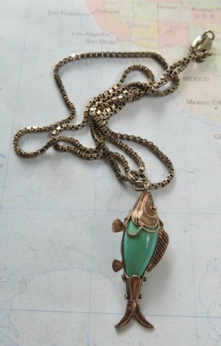 Vtg Art Deco Chinese Export Sterling Silver & Turquoise Fish Pendant Necklace