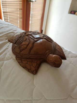 Hand Carved Wooden Turtle.  Has A Native Scene Carved Onto The Shell