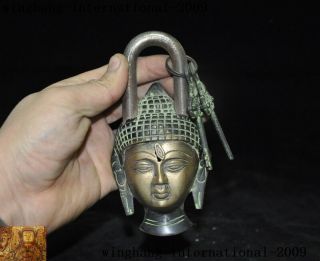 6 " Old Tibetan Bronze Shakyamuni Buddha Head Temple Gate Padlock & Key Lever Lock