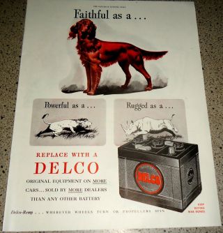 1945 Irish Setter Art Vintage Delco Battery Ad Advertising