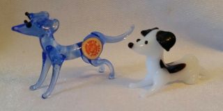 2 Vintage Miniature Red Ball Blown Glass Blue Puppy Dog Animal Figurines Japan