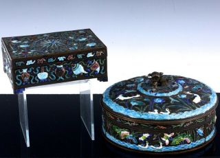 2 1900 Chinese Silverd Bronze Canton Enamel Scenic & Precious Objects Jars Boxes
