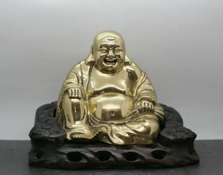 Magnificent Vintage Chinese Hand Crafted Brass Happy Buddha Fancy Wooden Stand