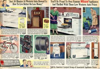 1951 2 Page Print Ad Of Wizard Auto Store Western Flyer Trutone Radio
