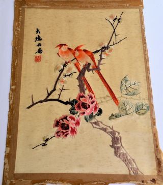 Antique Chinese Silk Embroidery With Red Birds Textil Panel