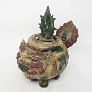 A202: Chinese Incense Burner Of Unusual Foo Dog Statue Of Colored Copper Ware