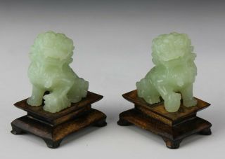 Pair Chinese Export Carved Green Celadon Jade Foo Lion Dog Stone Sculptures Sms