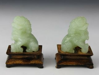 Pair Chinese Export Carved Green Celadon Jade Foo Lion Dog Stone Sculptures SMS 2