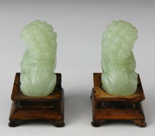 Pair Chinese Export Carved Green Celadon Jade Foo Lion Dog Stone Sculptures SMS 3