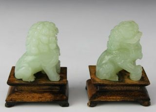 Pair Chinese Export Carved Green Celadon Jade Foo Lion Dog Stone Sculptures SMS 4