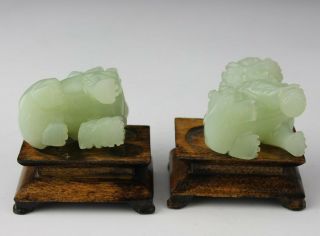 Pair Chinese Export Carved Green Celadon Jade Foo Lion Dog Stone Sculptures SMS 5