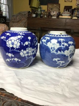 2 Antique C19th Chinese Blue White Prunus Cracked Ice Hawthorne Ginger Jars 5”