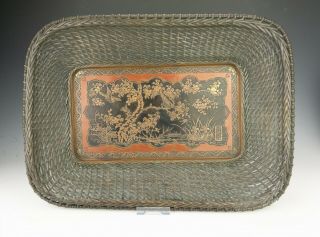 Antique Meiji Period Japanese Embossed Oriental Bronze Tray - With Woven Borders