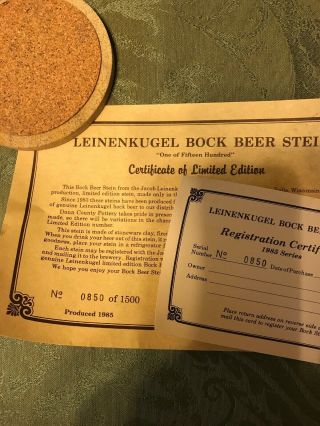 Limited Edition 1985 Leinenkugel’s Bock Beer Stein 850 of 1500 Chippewa Falls 3