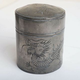 Antique Chinese Pewter Tea Caddy W Dragon Bamboo Kut Hing Swatow W Interior Lid