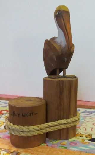 Key West Hand Carved Wood Pelican On Pilings
