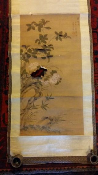 Large Fine Antique Chinese Scroll Painting - Tree & Flowers - Signed