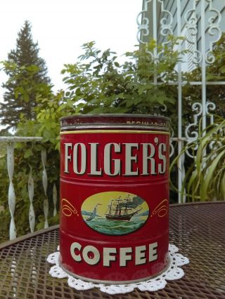 VINTAGE DINER 1946 FOLGER ' S KEY WIND 2 LB COFFEE TIN CAN W LID SHIP BOAT 3