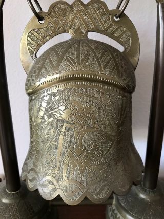 JAVANESE WAYANG BRASS BELL on STAND Early 20th C.  Wayang & Dragon Design 3