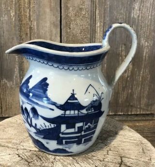 Antique Asian Pottery Chinese Export Porcelain Blue & White Canton Pitcher