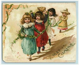 1891 Christmas Card Woolson Spice Co Lion Coffee Adorable Girls Paper Hat 7C 2