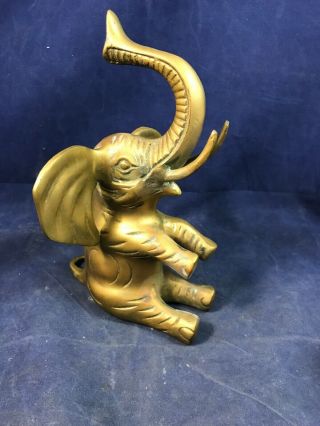 Vintage Brass Elephant Sitting Trunk Up Good Luck 7.  75” Home Decor