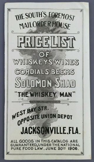 1906 Pre Prohibition Solomon Shad Whiskey Man Price List Guide Jacksonville Fl