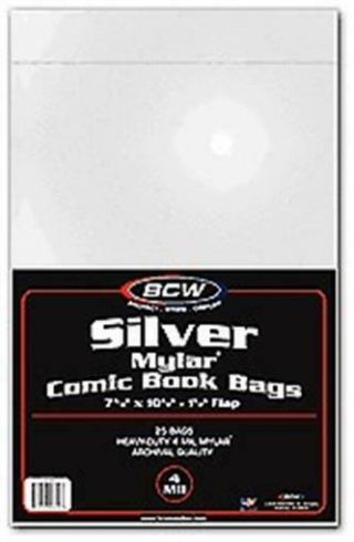 Pack Of 25 Bcw Silver Age Comic Book 4 Mil Mylar Bags - Acid Archival