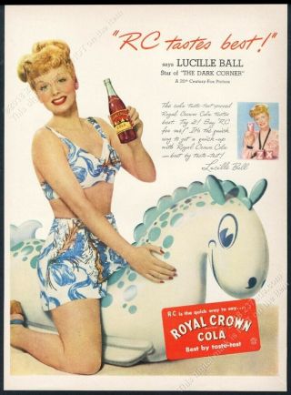 1946 Lucille Ball Photo On Seahorse Pool Toy Rc Royal Crown Cola Print Ad