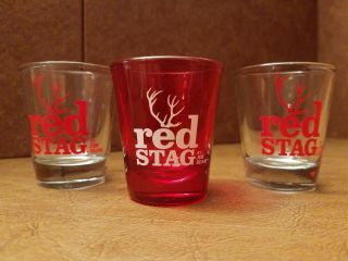 3 Red Stag By Jim Beam,  Shot Glasses One Red,  Two Clear.  Euc